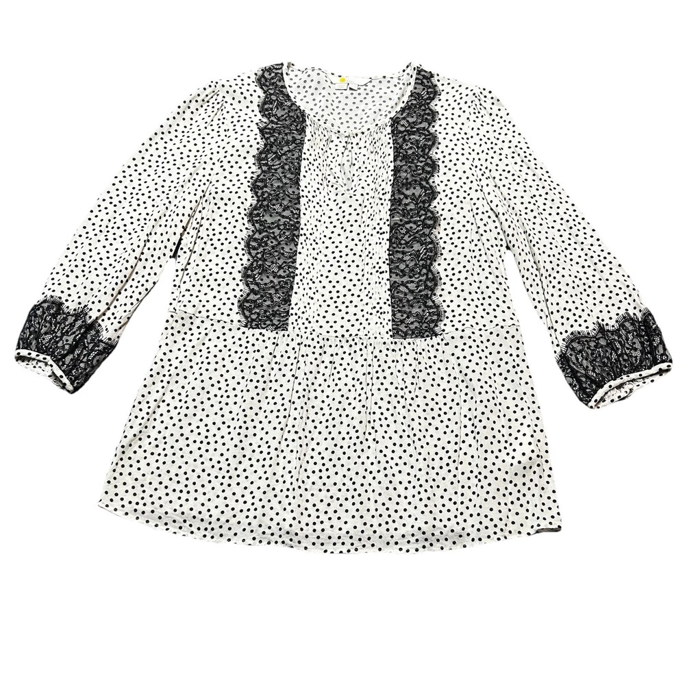 Boden White Black Polka Dot Lace Trim Blouse Pintuck 3/4 Sleeve Capsule Womens 6